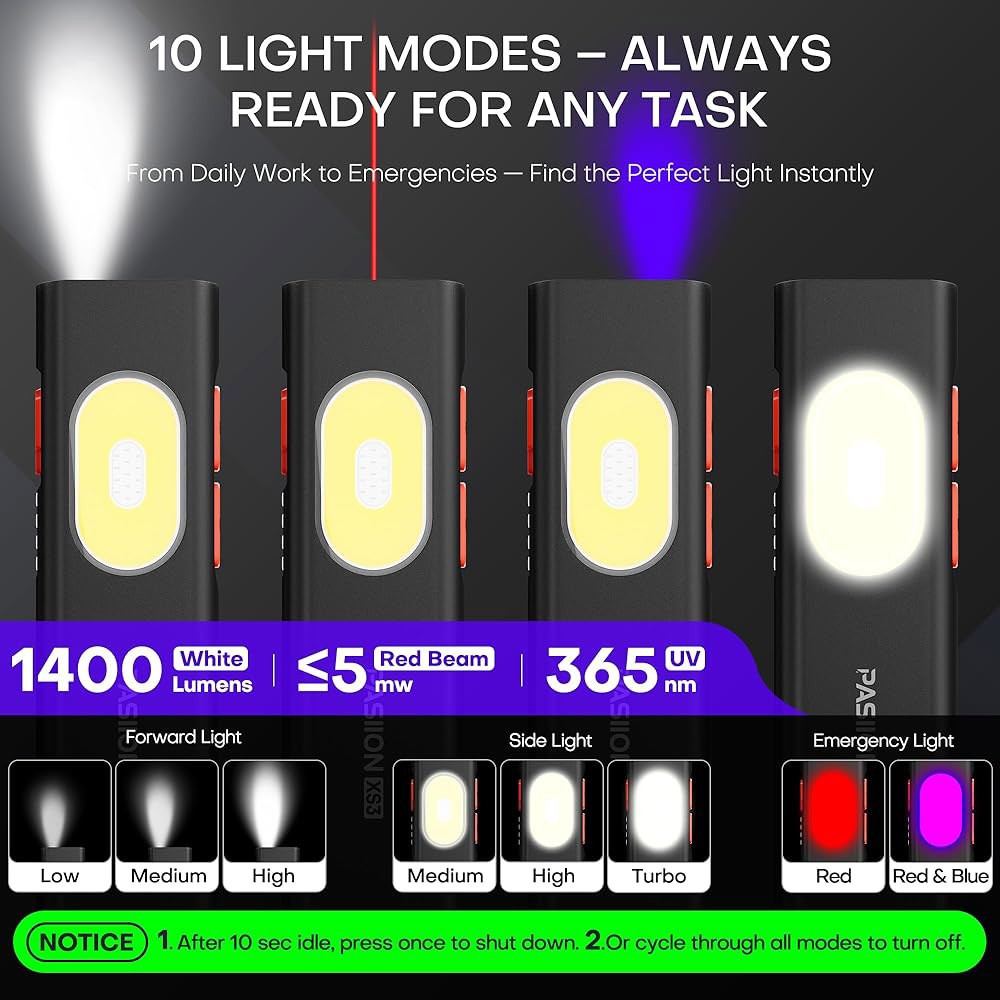 패시온 충전식 EDC 플랫 손전등 화이트 LED 콤보, 1400루멘 휴대용 포켓 u201310 모드 마그네틱 베이스 소형 조명, 야외용 USB-C 충전, 비상, 작업 - 상세 이미지 2