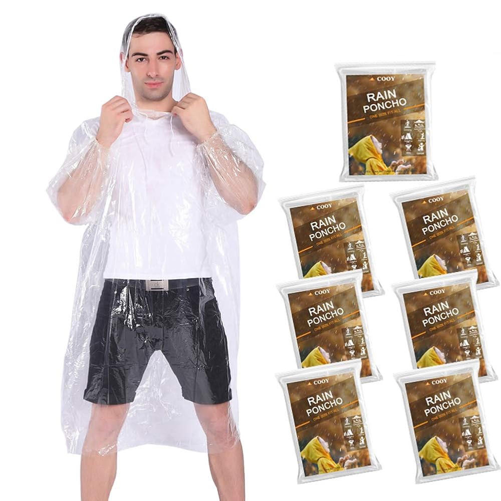 COOY 레인 폰초스, 드로스트링 후드 10 팩 긴급 일회용 폰초스 가족 팩, 클리어 5 Pack-clear One Size - 상품 이미지