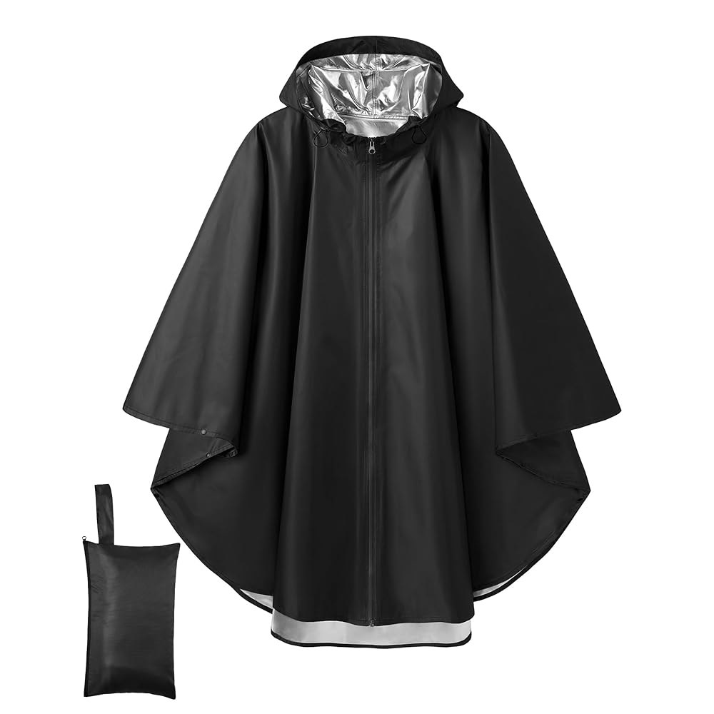 풀 지퍼 경량 레인 재킷 방수 포장 레인코트와 후드 하이킹 캠핑용 쿠판디 폰초스 Black One Size - 상품 이미지