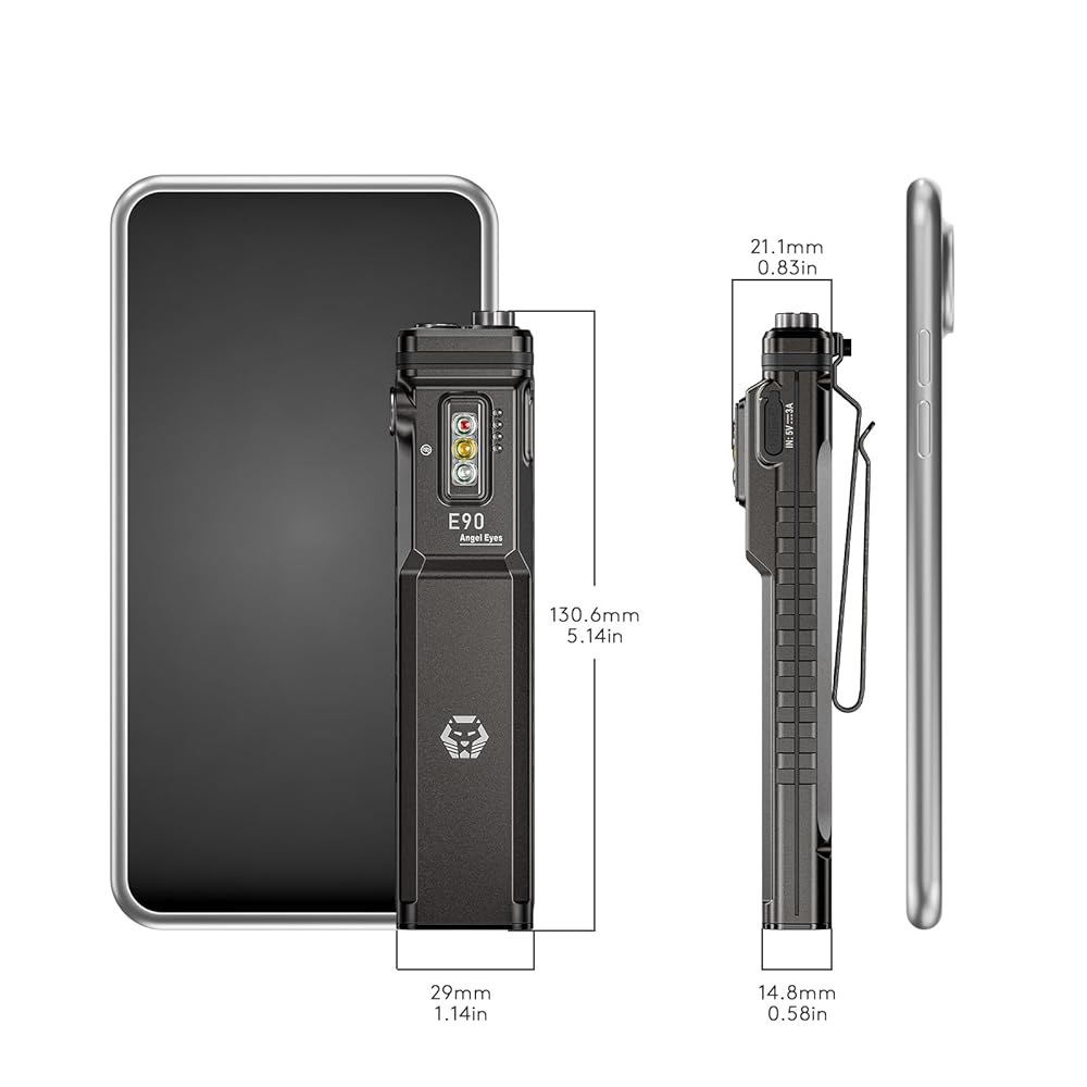 로비본 E90 3500 루멘 EDC 플랫 손전등, 실용적인 사이드라이트, 양방향 클립 및 USB-C 충전 케이블 포함, IP68 방수 포켓 손전등 - 상세 이미지 3