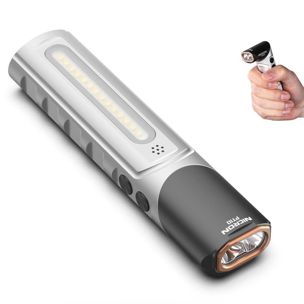 NICRON PT10 충전식 손전등, 90 회전식 헤드와 강력한 자석이 장착된 1000루멘 EDC 플랫 4가지 모드 흰색 /UV /따뜻 /RGB, IPX4 방수, 캠핑용 핸즈프리 - 상품 이미지