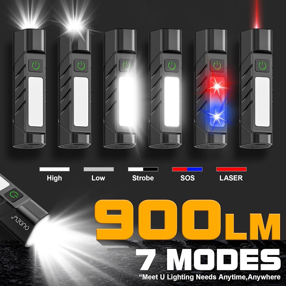 레드 빔과 화이트 LED 콤보가 장착된 OUDEW 충전식 EDC 손전등, 900루멘 휴대용 포켓 라이트, USB-C 충전, IPX4, 야외 비상 작업용 트리플 소스(블랙) - 상세 이미지 2