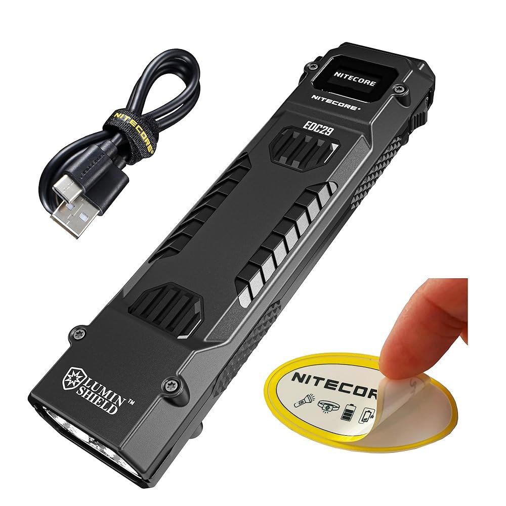 나이트코어 EDC29 EDC 전술 손전등, 6500루멘 USB-C 충전식 슬림 플랫 모양, 스포트라이트 투광등 스트로브 모드 디지털 디스플레이 스티커 - 상품 이미지