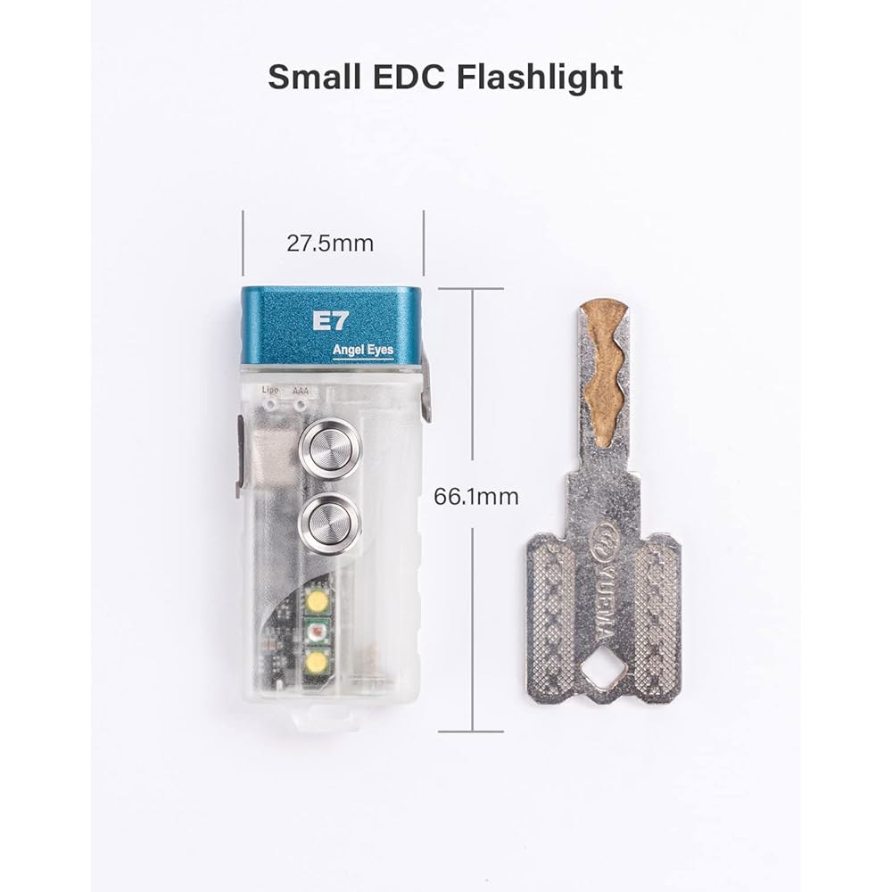 로비본 E7 EDC 키체인 플래시라이트 USB C 충전식 - 4000K 95+ 하이 CRI, 500루멘 GITD 블루 소형 듀얼 전원 호환 교체 가능한 AAA 배터리(사이드라이트 - 상세 이미지 3