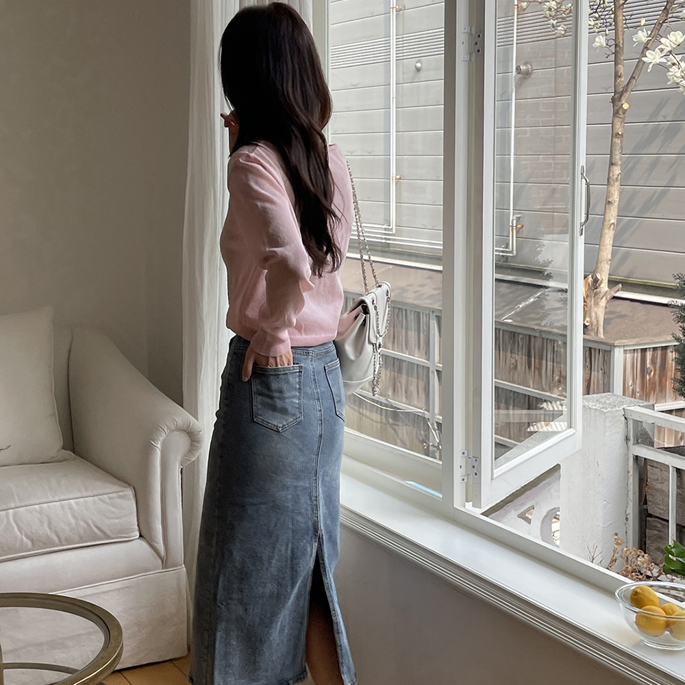 데님 빈티지 워싱 롱 H라인 맥시 스커트 흰색 청 치마 화이트 흑청 연청 이미지 3