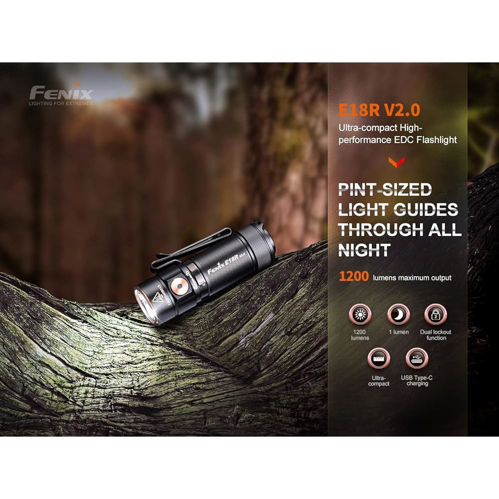 Fenix E18R V2.0 EDC 손전등, 1200루멘 USB-C 충전식 울트라 컴팩트 포켓 라이트(블랙) Black - 상세 이미지 3