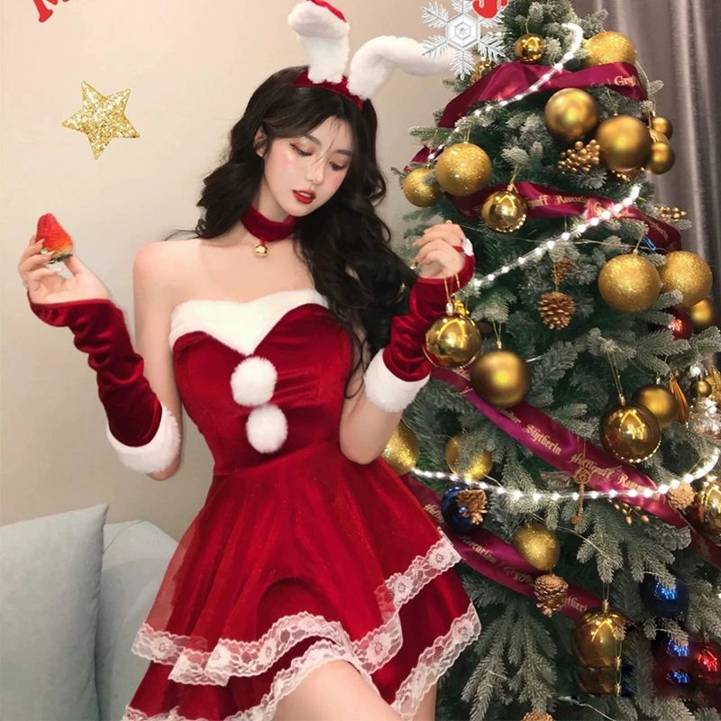 코스툽 섹시 산타걸 레드 코스프레 원피스 여성 산타복 풀세트 크리스마스 코스튬 의상 - 상품 이미지