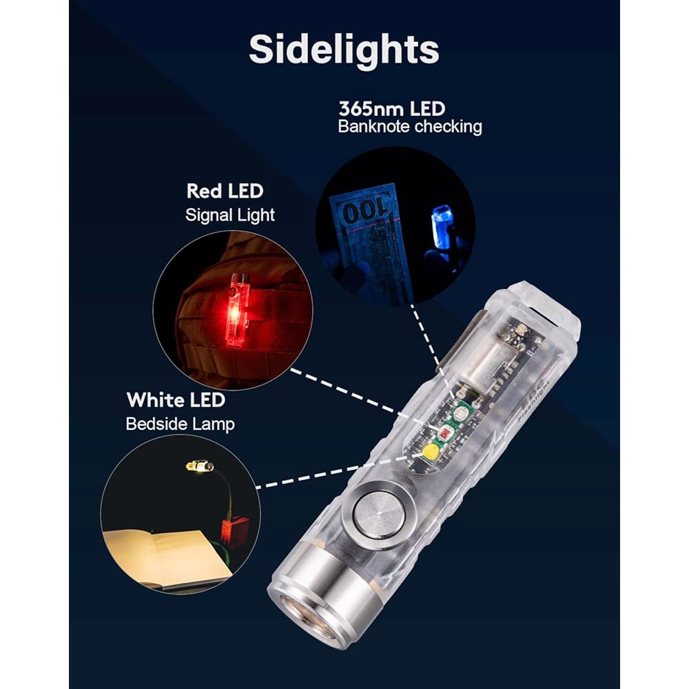 로비본 A8 4세대 충전식 EDC 손전등 USB C, 650루멘 브라이트 스몰 키체인 하이 루멘 미니 손전등, 365nmU / 레드 화이트 사이드라이트, 마그네틱 클립 및 테일 - 상세 이미지 2