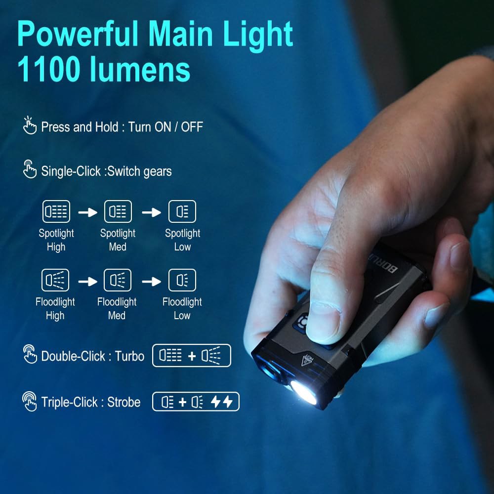 BORUIT EV10 EDC 키체인 플래시라이트 초밝은 USB-C 충전식 - 클립 마그네틱 앰비언트 및 경고 LED 조명이 있는 15가지 모드 소형 다기능 플래시라이트, 알루미늄 - 상세 이미지 2