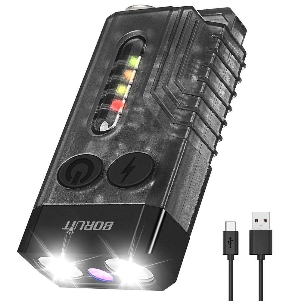 BORUIT V10 소형 강력한 키 체인 손전등, 365nm UV 레드 그린 블루 라이트, 고광도 USB C 충전식 미니 포켓 LED EDC 손전등-14 모드, 테일 자석, 삐 - 상품 이미지