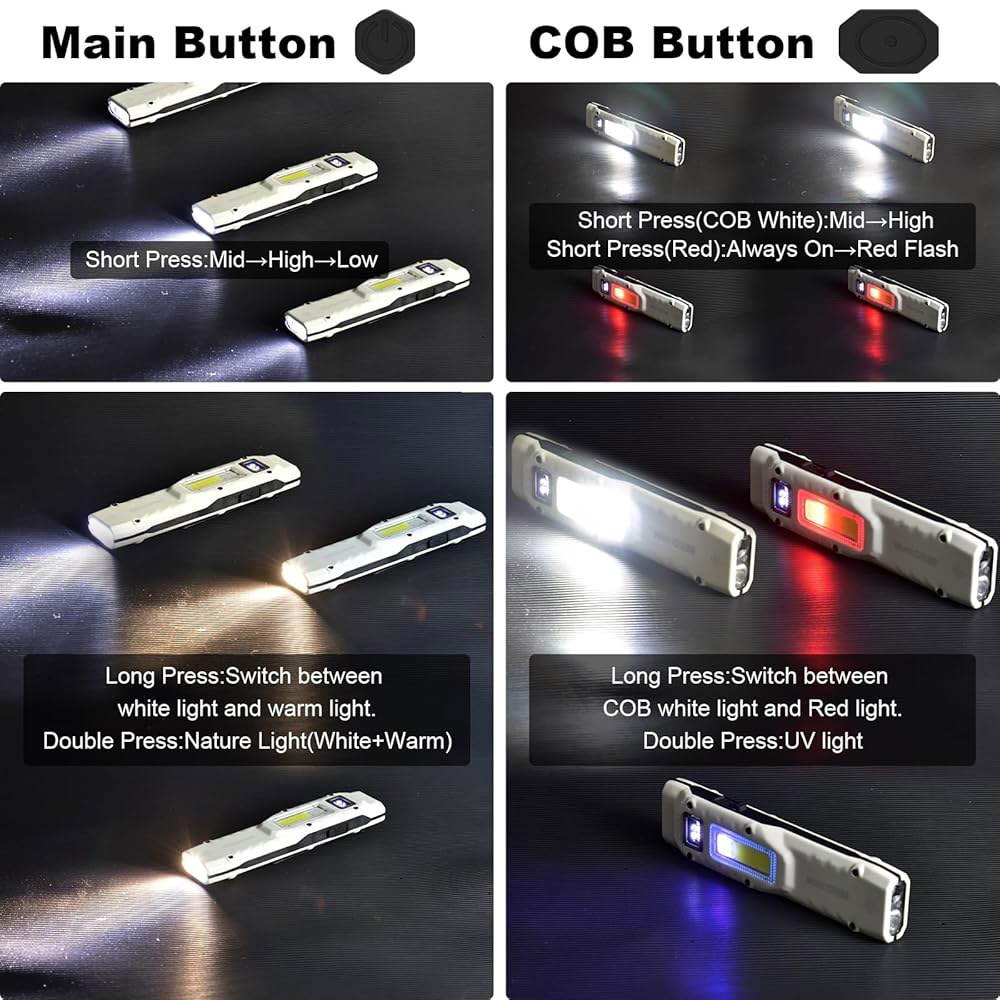 아이오두 휴대용 EDC 손전등 - 880루멘 USB-C 충전식 1000mAh 배터리, 6-in-1 다기능 LED COB, 빨간색, 자외선, 흰색 /따뜻함 /자연스러움 / 방수 기능 - 상세 이미지 3