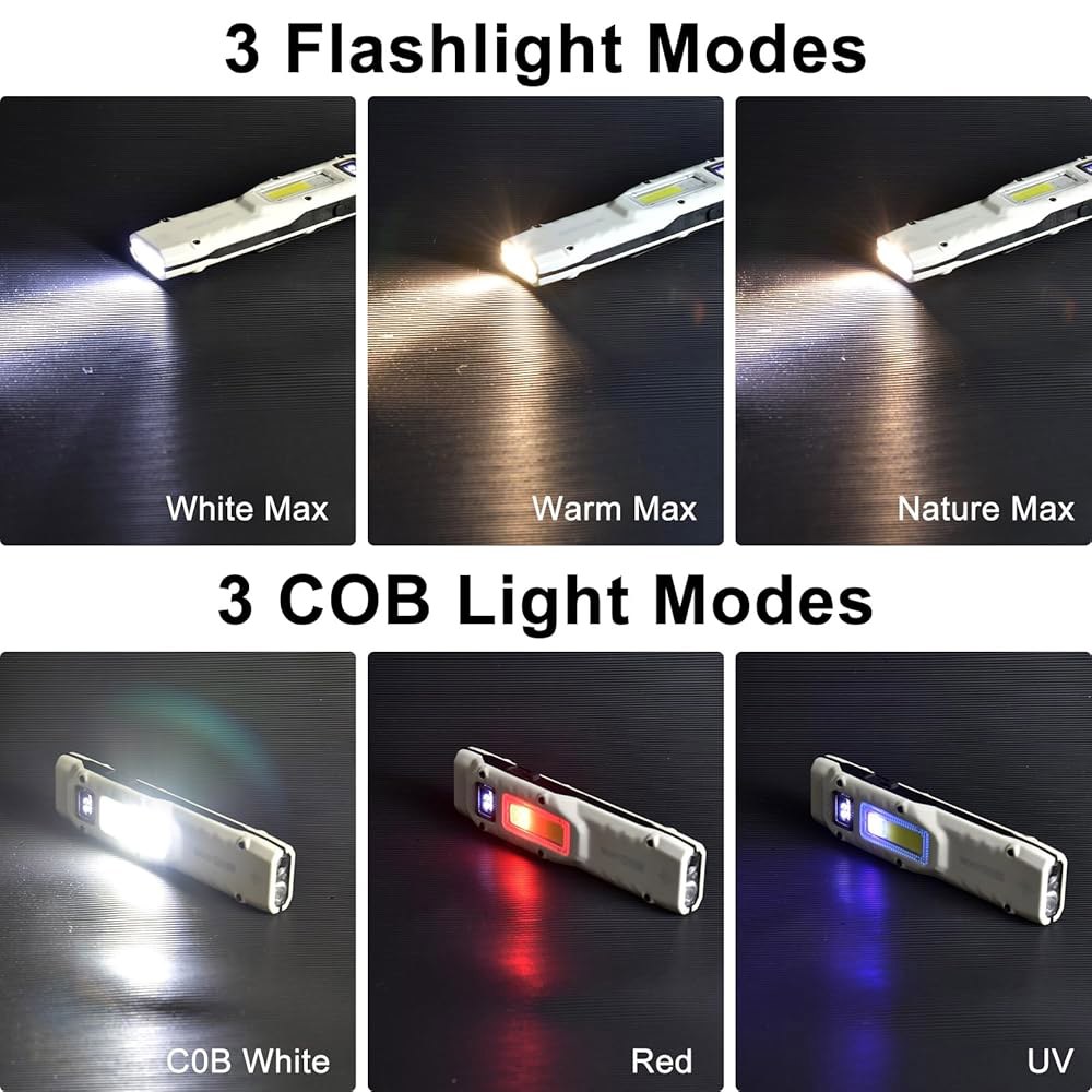 아이오두 휴대용 EDC 손전등 - 880루멘 USB-C 충전식 1000mAh 배터리, 6-in-1 다기능 LED COB, 빨간색, 자외선, 흰색 /따뜻함 /자연스러움 / 방수 기능 - 상세 이미지 2