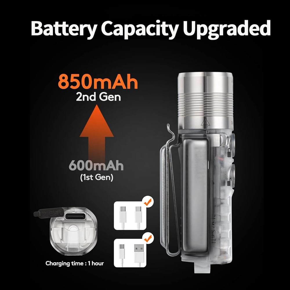 로비본 오로라 A28 2차 USB-C EDC 손전등, 6500K 쿨 화이트 맥스 1000루멘, 850mAh 충전식 소형 레드/화이트/365nm 사이드라이트, 순간 켜짐, 캠핑에 - 상세 이미지 3