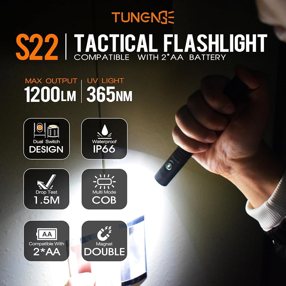 TUNENGE S22 1200 루멘 EDC 전술 손전등, 충전식 2AA 펜 라이트(COB 사이드 라이트 및 365nm UV), 11가지 모드, 마그네틱 테일, 캠핑용 듀얼 스위치, - 상세 이미지 3
