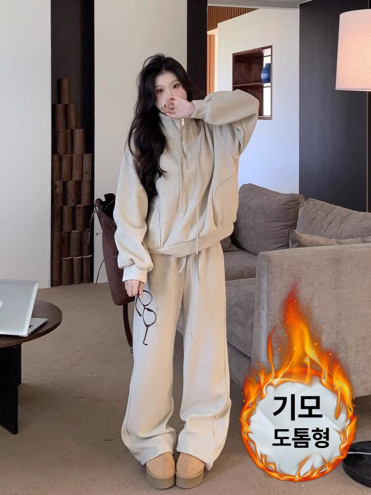 여자 츄리닝 봄가을 핑크 그레이 후드티 와이드팬츠 겨울 기모 트레이닝세트 운동복 - 상세 이미지 2