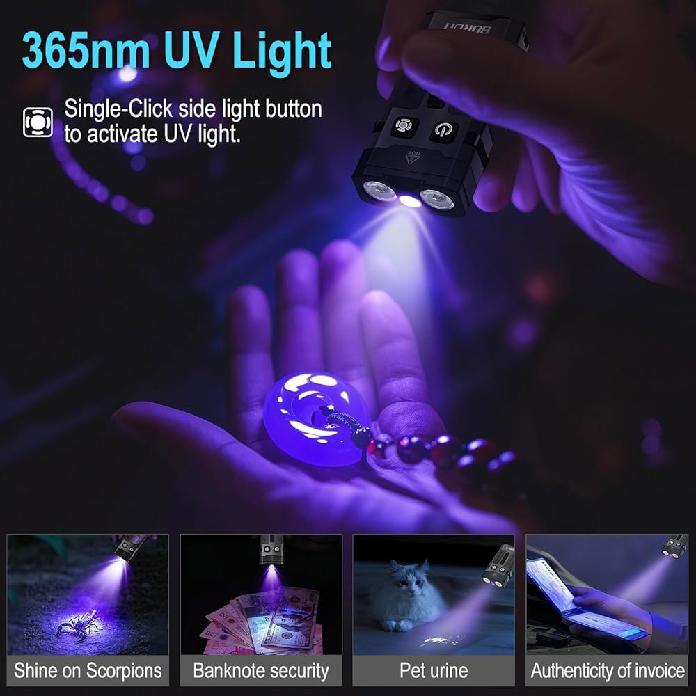 BORUIT EV20 LED 소형 EDC 손전등 365nm UV 라이트, 루멘 USB-C 충전식 포켓 키 체인 1100개 RGB 사이드 IP66 방수, 캠핑용 클립 및 테일 자석, - 상세 이미지 3