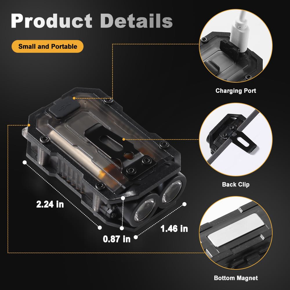 스트보노 미니 EDC 손전등, 사이드라이트가 장착된 소형 강력한 키체인 고광도 800lm, USB-C 충전식, 클립이 라이트 - 하이킹, 러닝, 블랙을 위한 8 모드, IPX4 - 상세 이미지 3
