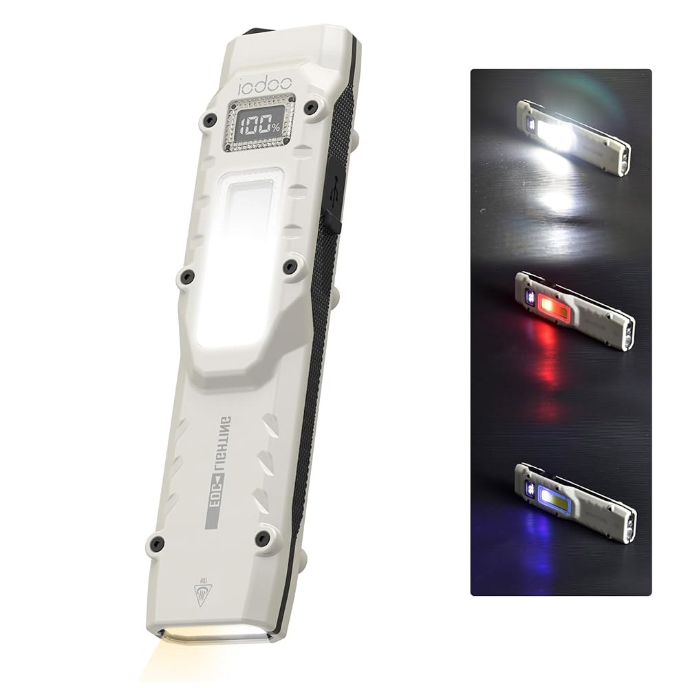 아이오두 휴대용 EDC 손전등 - 880루멘 USB-C 충전식 1000mAh 배터리, 6-in-1 다기능 LED COB, 빨간색, 자외선, 흰색 /따뜻함 /자연스러움 / 방수 기능 - 상품 이미지