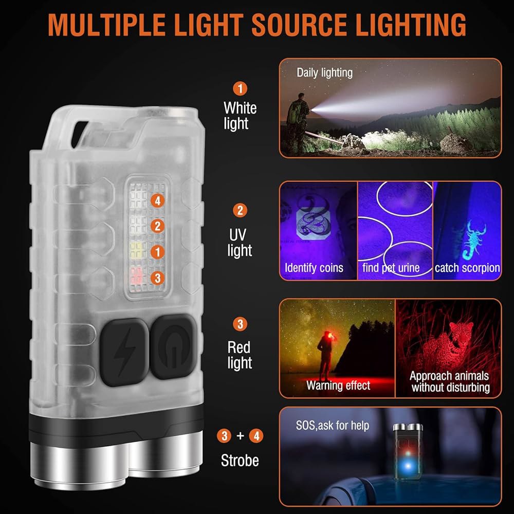 BORUIT V3 빨간색 UV 블루 라이트가 장착된 소형 강력한 EDC 손전등 - 슈퍼 브라이트 충전식 미니 포켓 LED 열쇠고리 10 모드, USB-C, IP65 방수, 자석 - 상세 이미지 2