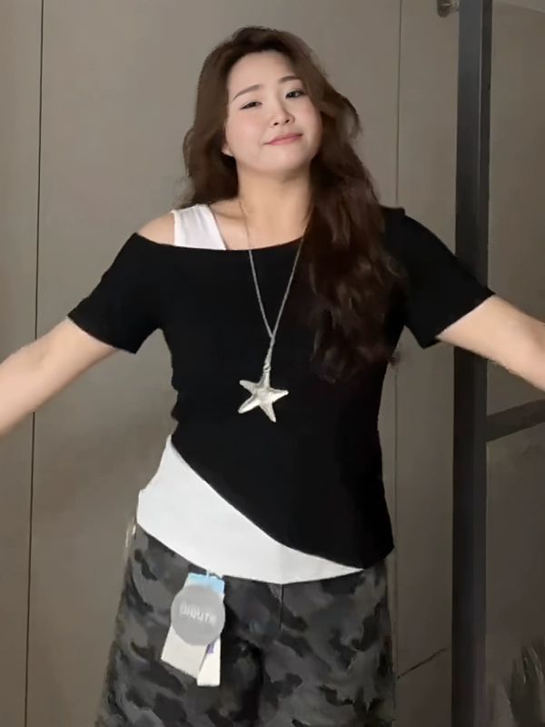줌바댄스복 티셔츠 투톤배색 루즈핏 오프숄더 반팔티 라인 댄스 - 상세 이미지 2