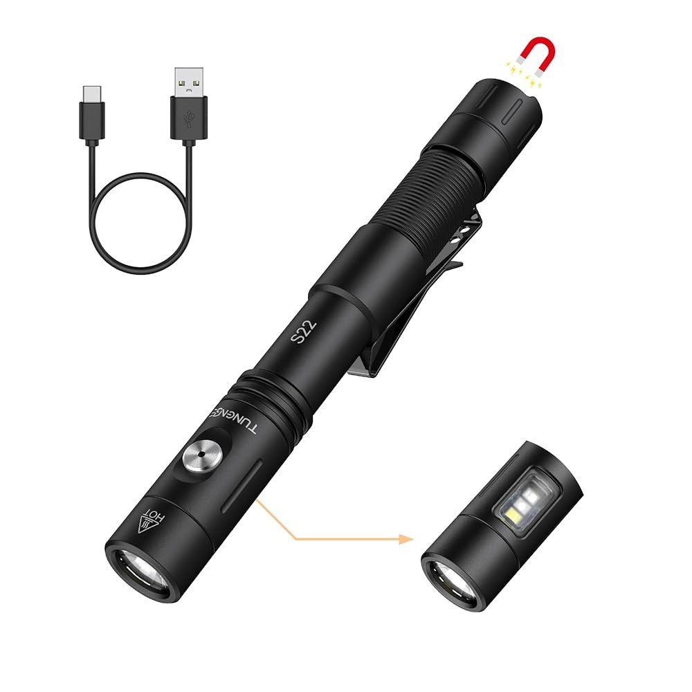 TUNENGE S22 1200 루멘 EDC 전술 손전등, 충전식 2AA 펜 라이트(COB 사이드 라이트 및 365nm UV), 11가지 모드, 마그네틱 테일, 캠핑용 듀얼 스위치, - 상품 이미지