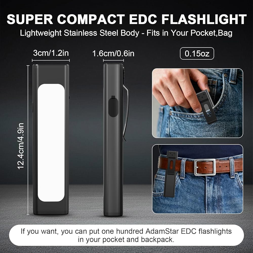 소형 EDC 손전등 충전식, 클립 포함 1600개의 고광도 포켓 손전등, 9가지 모드의 휴대용 마그네틱 플랫 방수 컴팩트 (2팩) 2 Pack - 상세 이미지 2