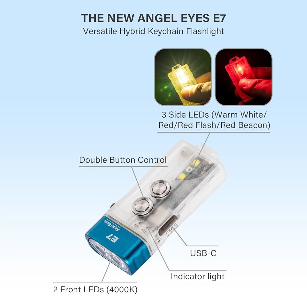 로비본 E7 EDC 키체인 플래시라이트 USB C 충전식 - 4000K 95+ 하이 CRI, 500루멘 GITD 블루 소형 듀얼 전원 호환 교체 가능한 AAA 배터리(사이드라이트 - 상세 이미지 2