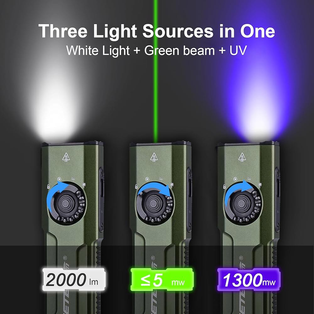 JETBeam E26 충전식 EDC 플랫 손전등 4개의 일정한 밝기 모드+스트로브+1300mW UV+그린 빔 콤보, 2000루멘 휴대용 포켓 라이트, IPX-8, 실외, 비상, - 상세 이미지 2