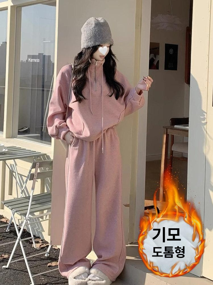 여자 츄리닝 봄가을 핑크 그레이 후드티 와이드팬츠 겨울 기모 트레이닝세트 운동복 - 상세 이미지 4