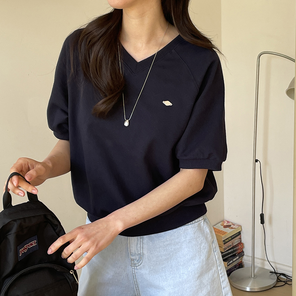 캐주얼 루즈핏 브이넥 래글런 패치 여성 맨투맨 박스티 여자 가을 레이어드 티셔츠 코튼 반팔 긴팔 이미지 3