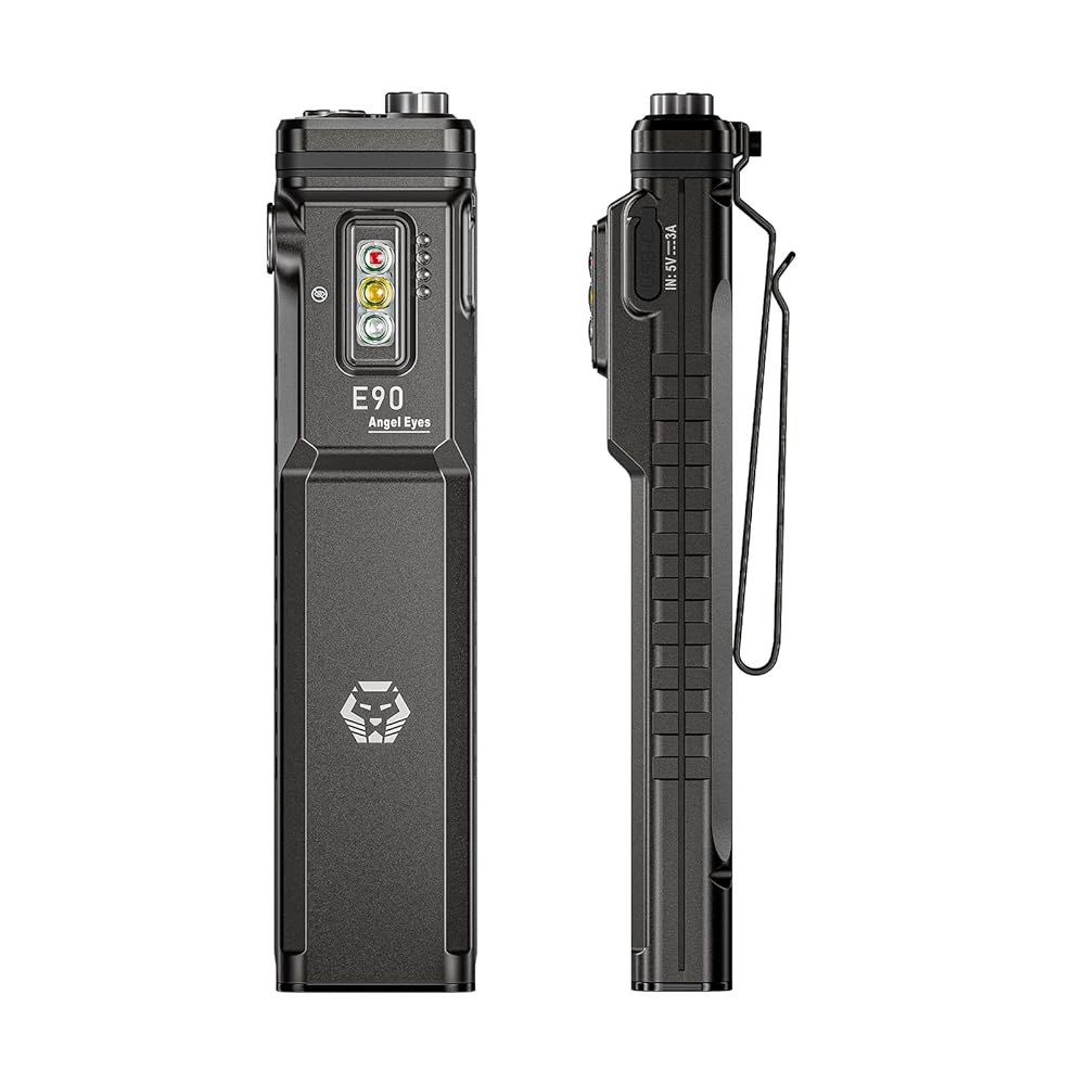 로비본 E90 3500 루멘 EDC 플랫 손전등, 실용적인 사이드라이트, 양방향 클립 및 USB-C 충전 케이블 포함, IP68 방수 포켓 손전등 - 상품 이미지