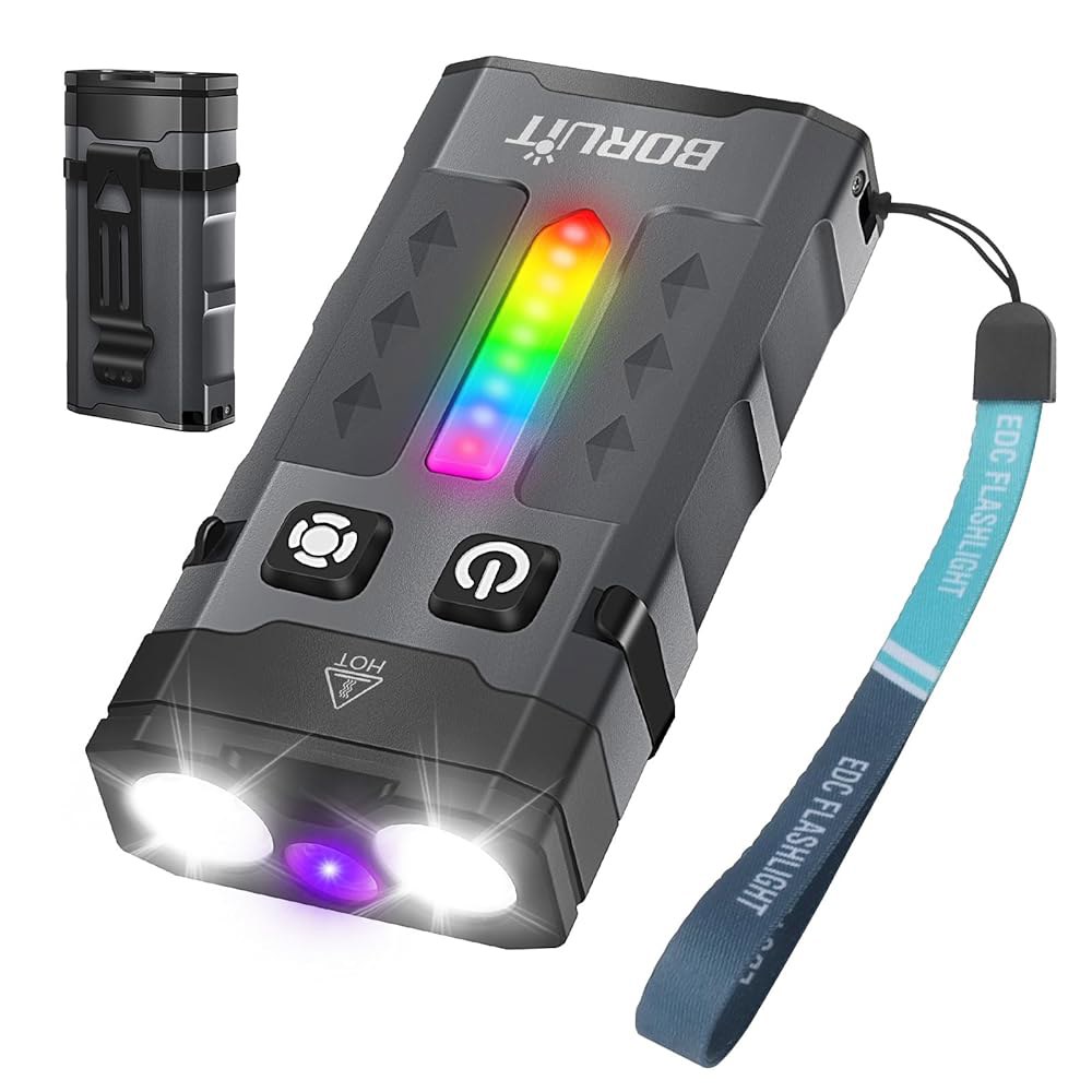 BORUIT EV20 LED 소형 EDC 손전등 365nm UV 라이트, 루멘 USB-C 충전식 포켓 키 체인 1100개 RGB 사이드 IP66 방수, 캠핑용 클립 및 테일 자석, - 상품 이미지