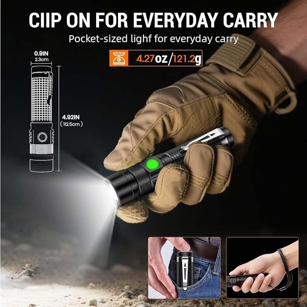 포켓 EDC 손전등 충전식 - 4.9인치 및 긴급 원클릭 SOS, 매우 밝은 소형 LED 3시간 USB-C 고속 충전, 가정, 캠핑, 하이킹을 위한 방수 휴대용 - 상세 이미지 2