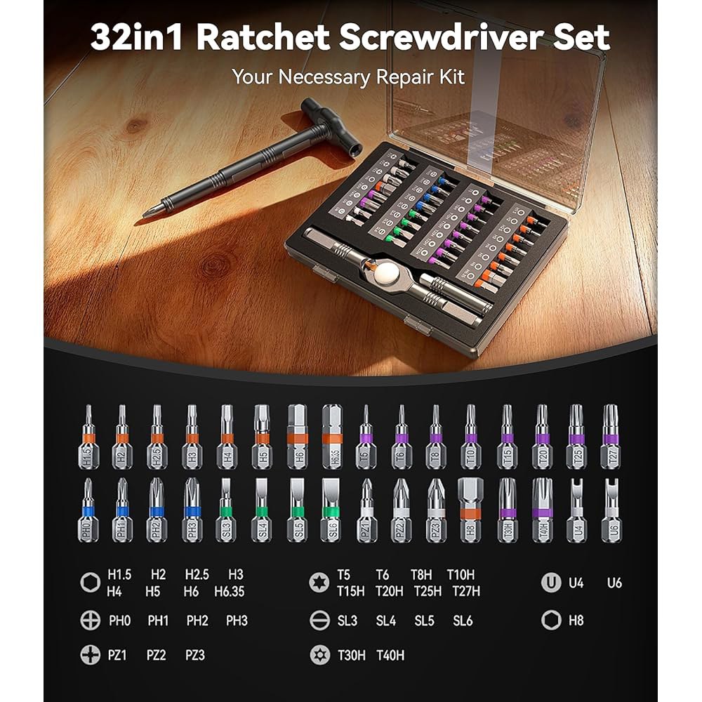 웨스두트 32in1 T 핸들 마그네틱 래칫 드라이버 세트, [5+ 그립 스타일 자유롭게 결합] 드라이버, 앨런 렌치 컴퓨터, 자전거, 가구, 전자제품용 수리 도구 키트 - 상세 이미지 2