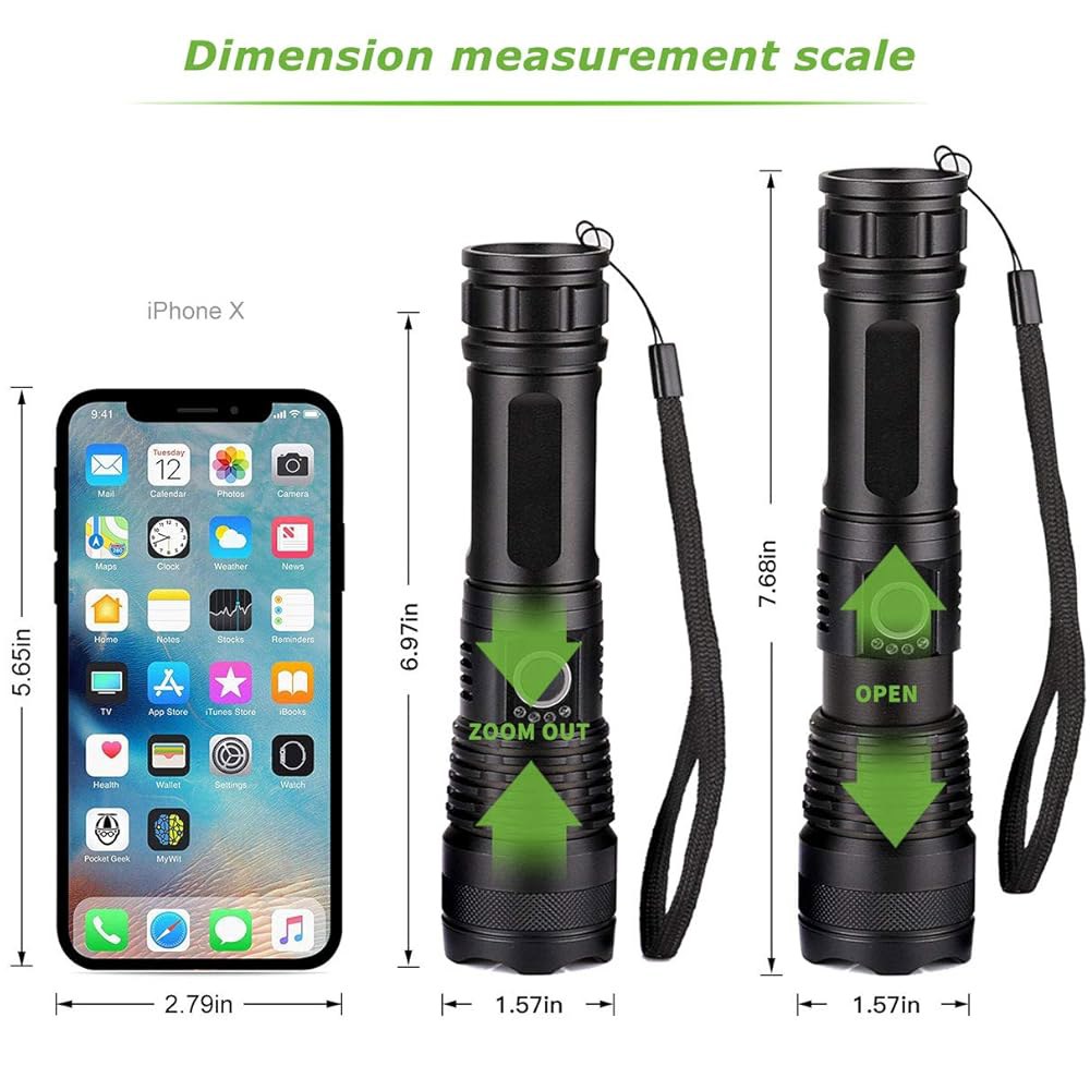 YXQUA LED 손전등, 1억 루멘 초밝은 전술 충전식 비상, 캠핑, 하이킹, 야외, 가정용 5가지 모드 줌형 방수 손전등 4 inches - 상세 이미지 3