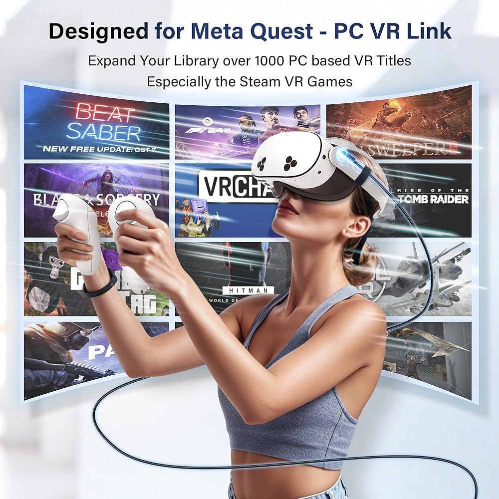 메타 퀘스트 3S / 3 오큘러스 2 프로 투 PC VR, 스팀 VR 플레이용 USB 3.1 타입 C에서 C까지, 프레임 드롭이 없는 고속 데이터 케이블, 컴퓨터에서 충전 가능 - 상세 이미지 2