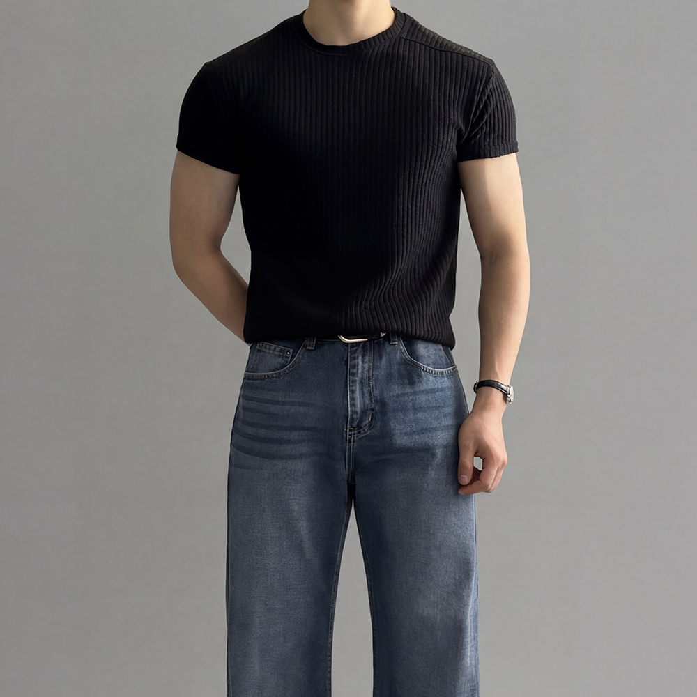 [SET] 골지 절개 머슬핏 반팔티 + 플레어핏 와이드 청바지 - 상세 이미지 4