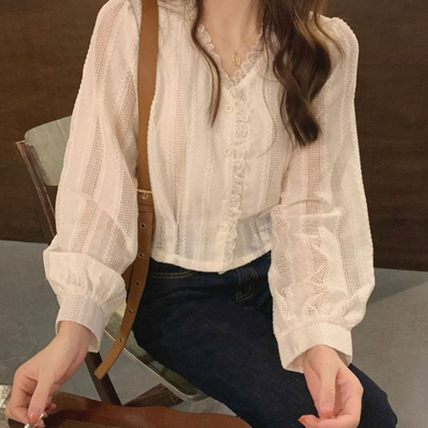 펀칭 여성 블라우스 레이스 브이넥 블라우스 가을 - 상품 이미지