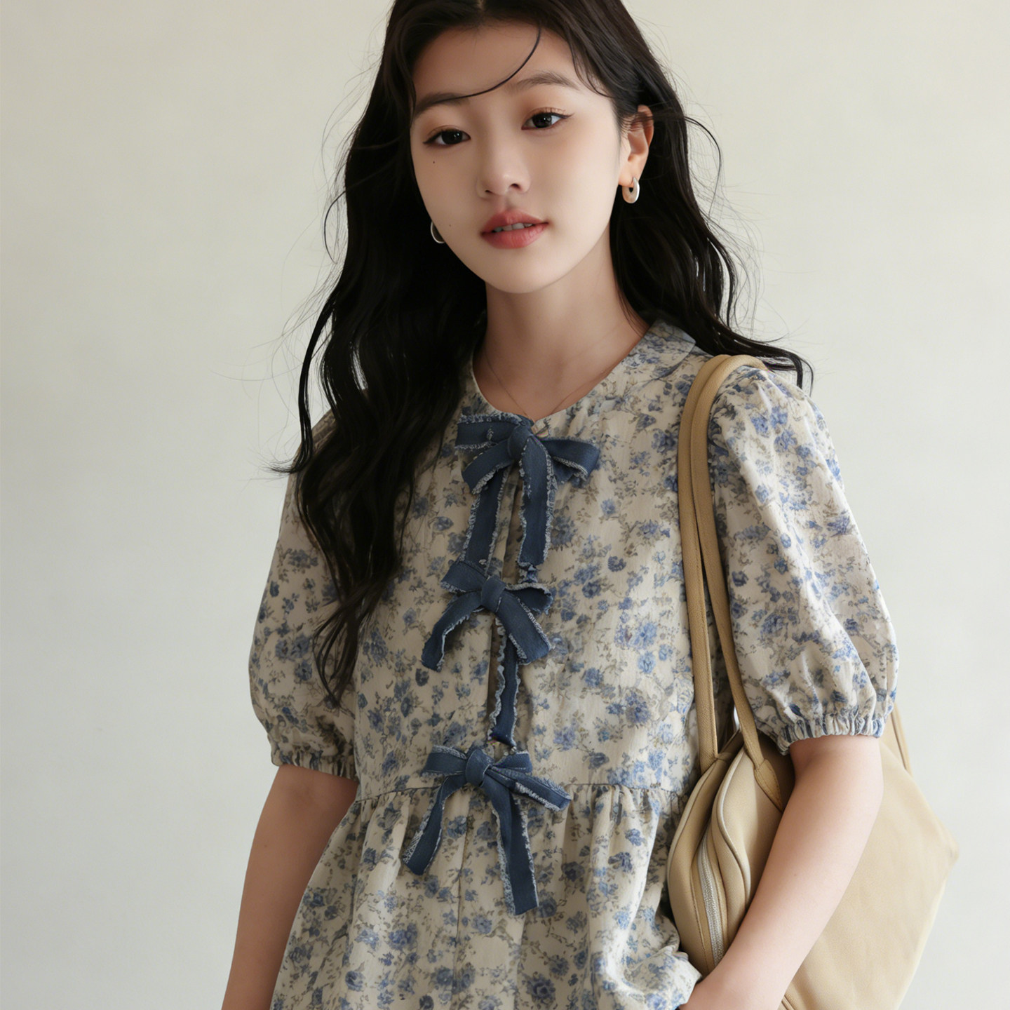 플라워 블라우스 로맨틱 퍼프소매 리본장식 페블럼 여름 - 상품 이미지