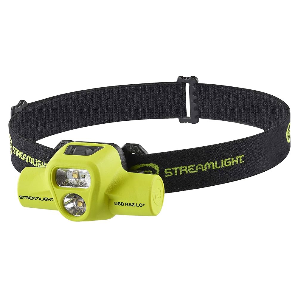 스트림라이트 61460 USB HAZ-LO 250루멘 본질적으로 안전한 헤드램프, 120V AC 충전 시스템, 탄성 헤드 스트랩, 고무 하드 모자 3M 듀얼 잠금 패스너, 노란색 - 상품 이미지