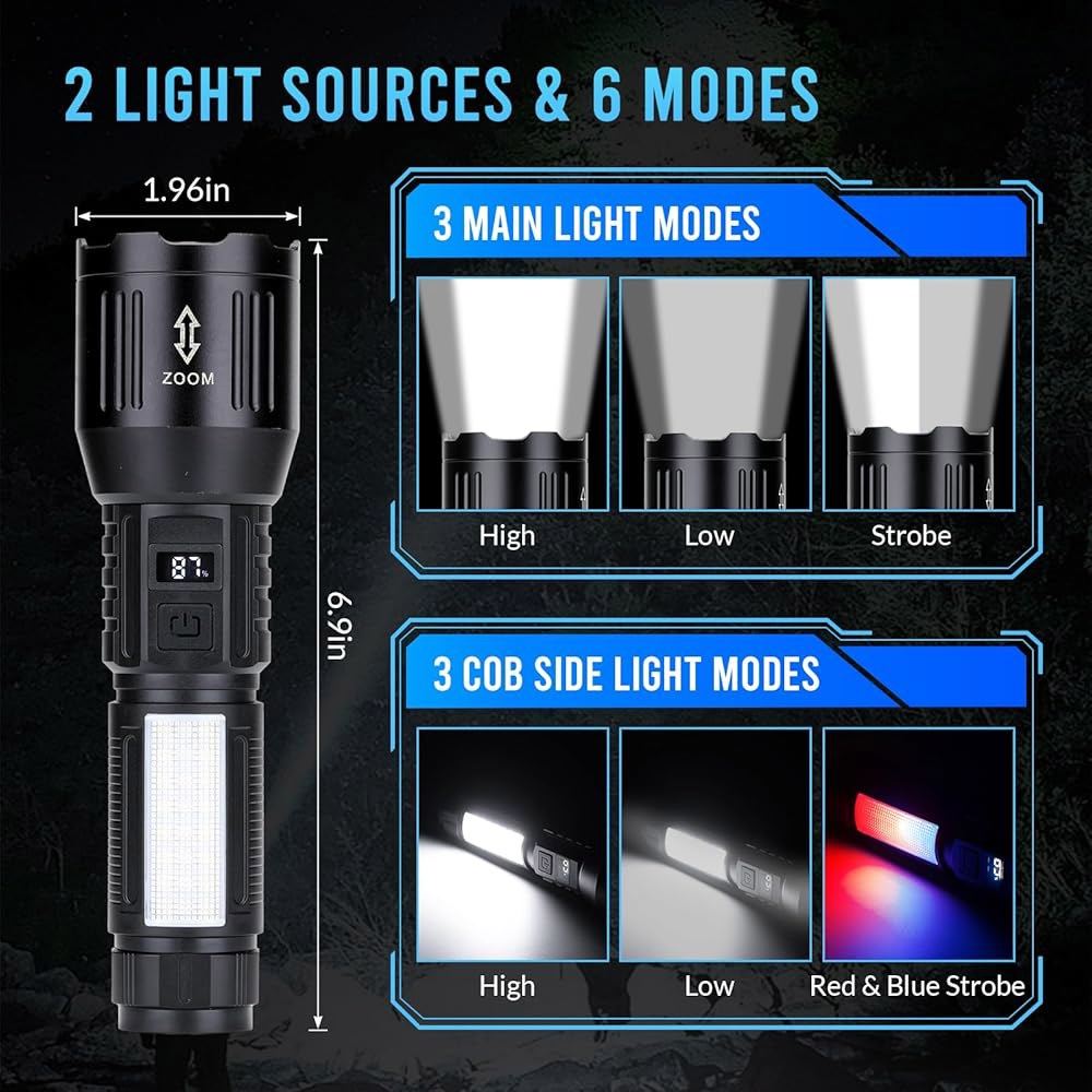 손전등 고광도 충전식 2팩, 1,500,000L 핸드헬드 LED 고출력, 6가지 모드로 조절 가능한 초밝은 손전등, 콥 사이드 라이트, 비상용 전술 - 상세 이미지 3