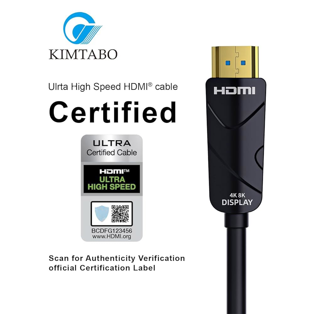 킴타보 광섬유 HDMI 케이블 50피트, 10K 8K 4K 인증 2.1 케이블, CL3 정격 벽 48Gbps 엑스트라 롱 액티브 슬림 및 라이트 단방향 HDMI, D-HDR 지원, - 상세 이미지 2