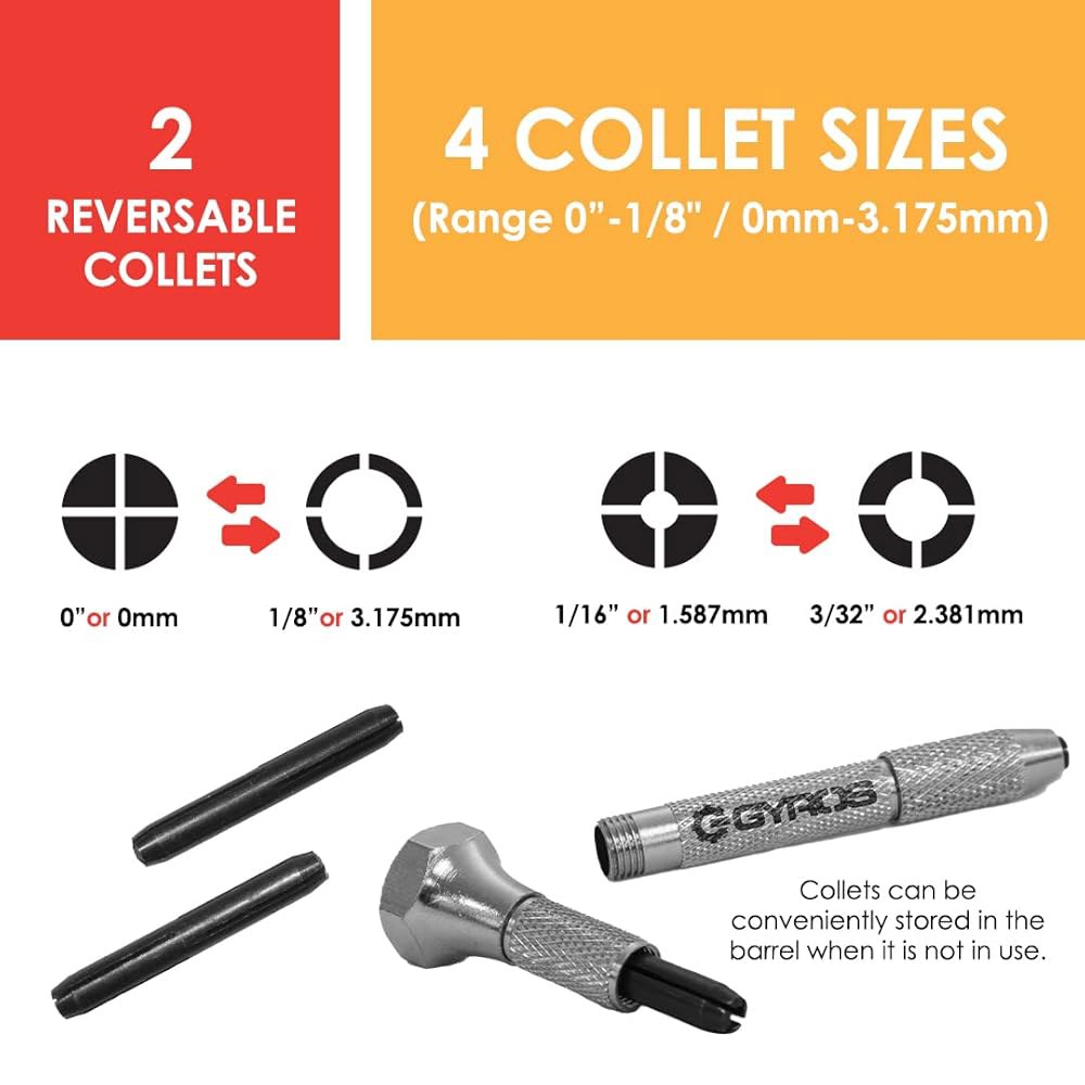 자이로스 스위블 헤드 핀 바이스 핸드 드릴, 0(0mm)~1/8(3.175mm) w / 미끄럼 방지 니켈 도금 강철 본체 및 리버서블 콜렛 2개, 보석, 플라스틱, 목재 정밀 드릴 - 상세 이미지 3