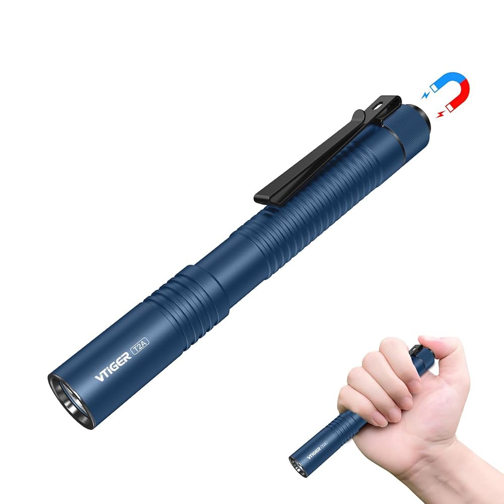 VTIGER T2A 컴팩트 EDC 손전등, 1500 고광도 AA 충전식 LED 캠핑, 하이킹, 야외, 가정, 비상용 자석이 있는 매우 밝은 소형 전술 꼬리 스위치 포켓 손전등 - 상품 이미지