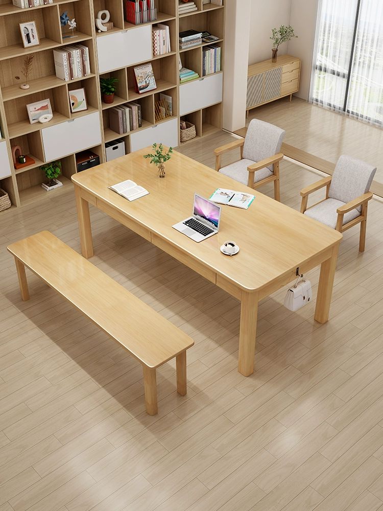 거실 가족 책상 공부방 스터디 카페 긴 넓은 공부 데스크 나무색 테이블  - 상품 이미지