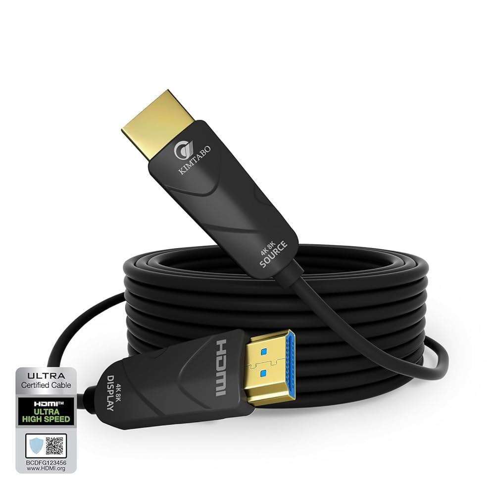 킴타보 광섬유 HDMI 케이블 50피트, 10K 8K 4K 인증 2.1 케이블, CL3 정격 벽 48Gbps 엑스트라 롱 액티브 슬림 및 라이트 단방향 HDMI, D-HDR 지원, - 상품 이미지