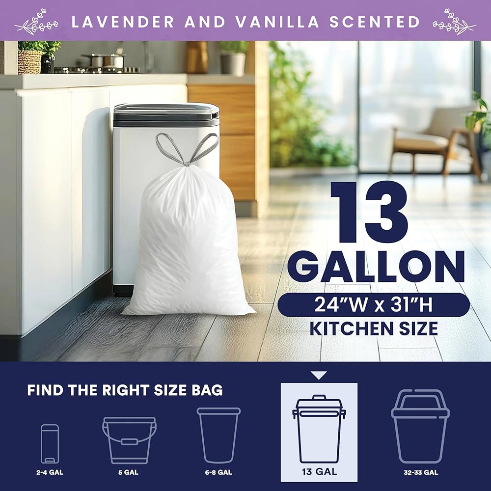 Plasticplace 49.9L(13갤런) 화이트 드로스트링 쓰레기 봉투 78.7cm(24인치 1.2mm x 부드러운 31인치) 쓰레기통 61cm 라벤더 향 및 라이너 (50개) - 상세 이미지 3