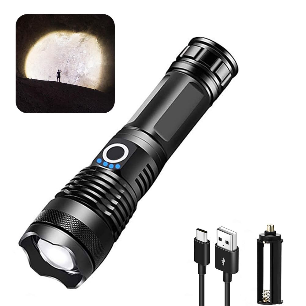 YXQUA LED 손전등, 1억 루멘 초밝은 전술 충전식 비상, 캠핑, 하이킹, 야외, 가정용 5가지 모드 줌형 방수 손전등 4 inches - 상품 이미지