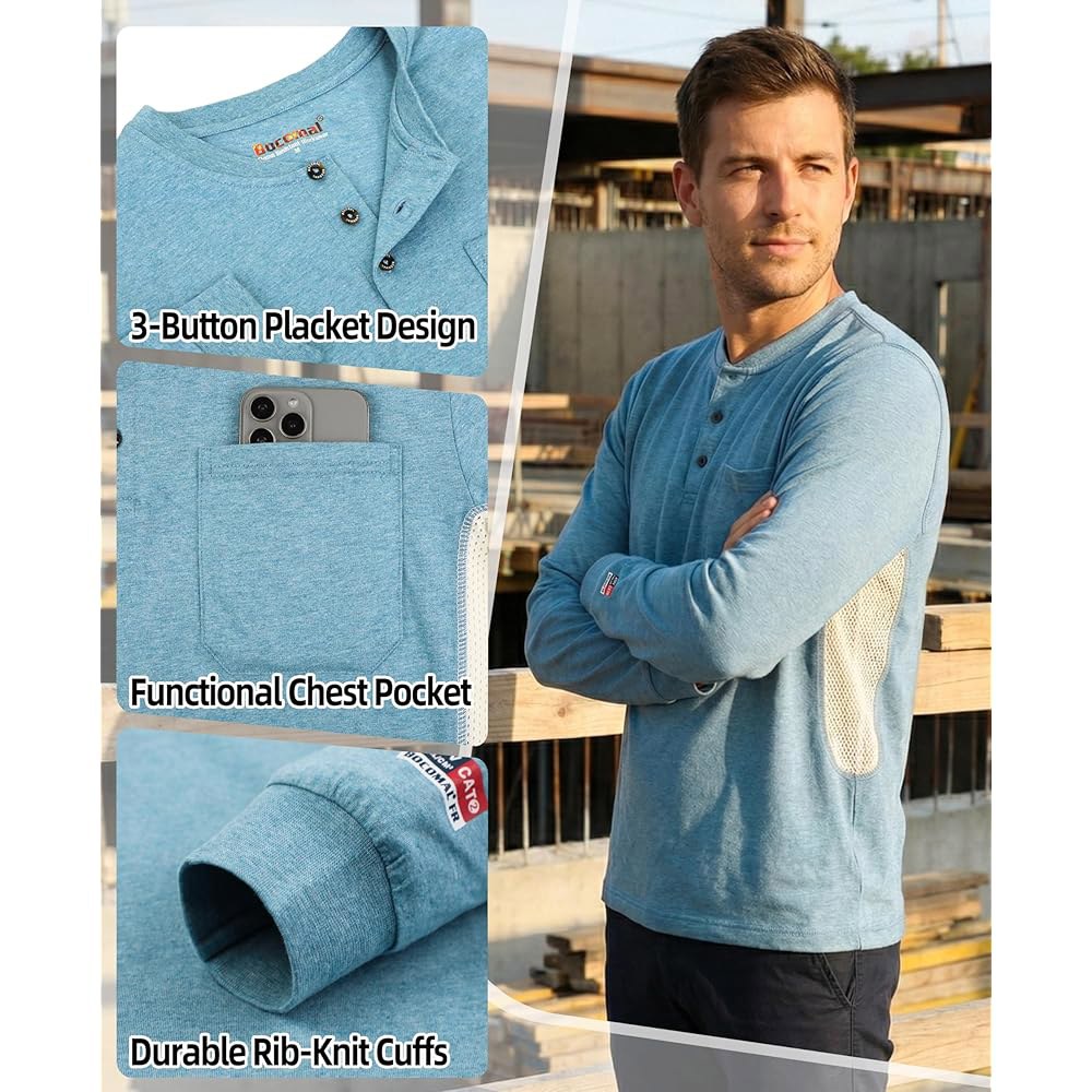 보코말 FR 셔츠 여름 통풍 메쉬 통기성 헨리 5.5온스 난연성 CAT2 작업복 Heather Dark Grey Medium - 상세 이미지 3