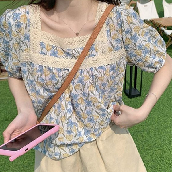 스퀘어넥 여성 플라워 블라우스 퍼프 반팔 블라우스 데일리 여름 - 상품 이미지